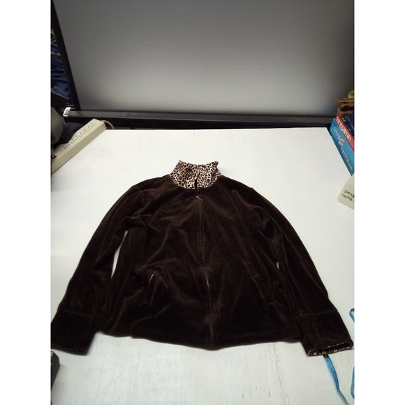 JM Collection Brown/W Leopard Print Full Zip Long Sleeve Women’s Jacket Size M - Picture 1 of 4